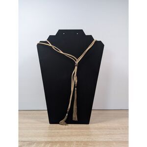 31” Boho Tassel Necklace – Long Beige Suede Cord with Beads & Gold Tone Fringe